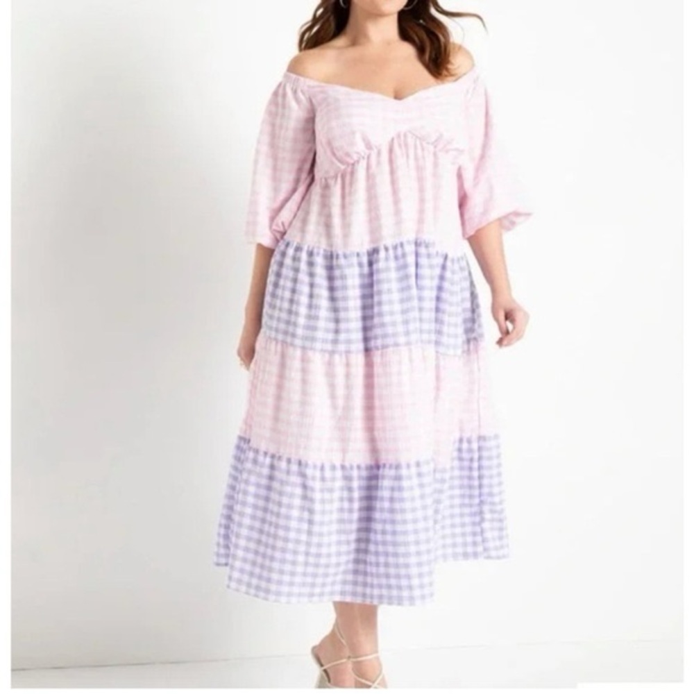 ELOQUII Off the Shoulder Colorblock Gingham Dress